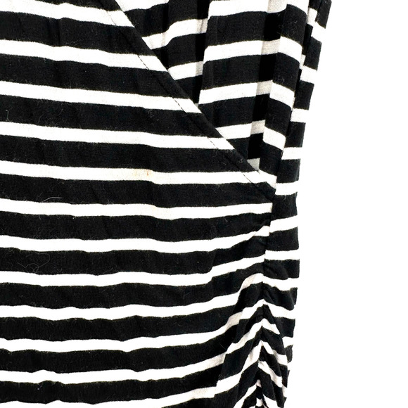 Mossimo size small black white striped fitted v neck dress midi ruched - Picture 4 of 6